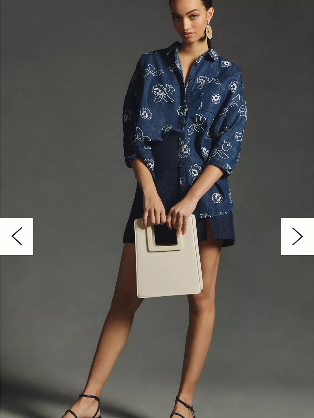 Maeve Anthropologie Blue Floral Embroidered Denim Button-Up Shirt OVERSIZED M-L - Picture 3 of 10